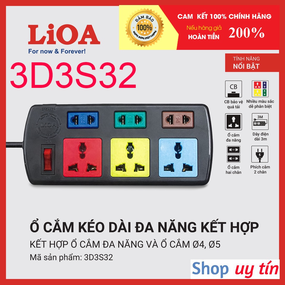 [CHÍNH HÃNG] Ổ cắm LiOA 6 lỗ kéo dài đa năng kết hợp 3D3S32 (3m) - 3D3S52 (5m) 6 ổ cắm 1 công tắc 2200W 10A có CB