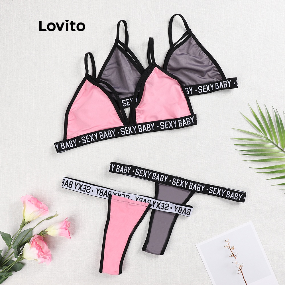 Set đồ bơi hai mảnh Lovito in chữ phong cách sexy L00307 (Màu hồng/xám)