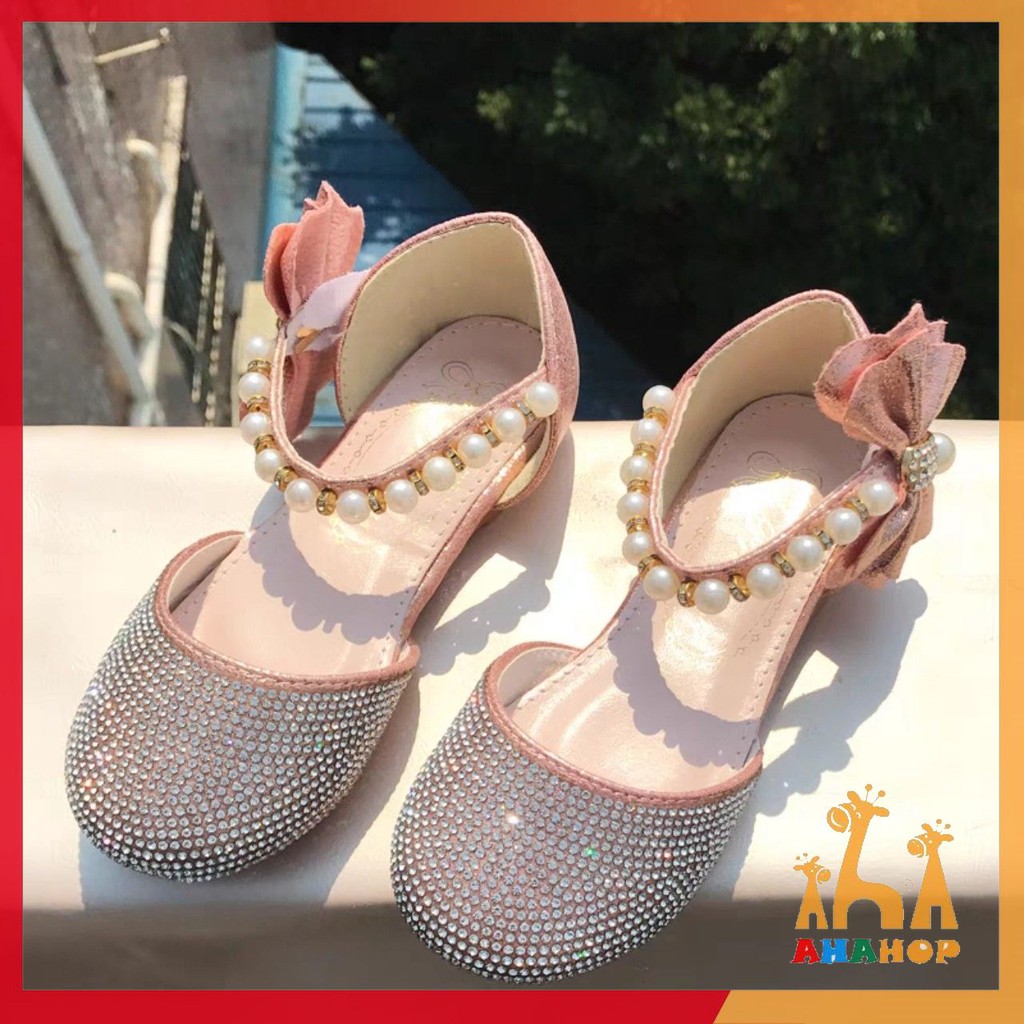 Giày Búp Bê Cho Bé Gái - Giày quai hậu đính đá có quai dán ngọc gắn nơ xinh xắn phong cách Hàn Quốc cho bé YNK89