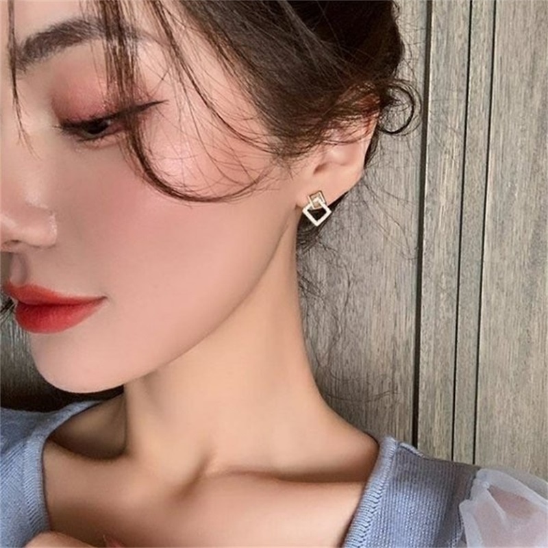 Bông Tai Hình Vuông Đính Đá Zircon Phong Cách Hàn Quốc Mới