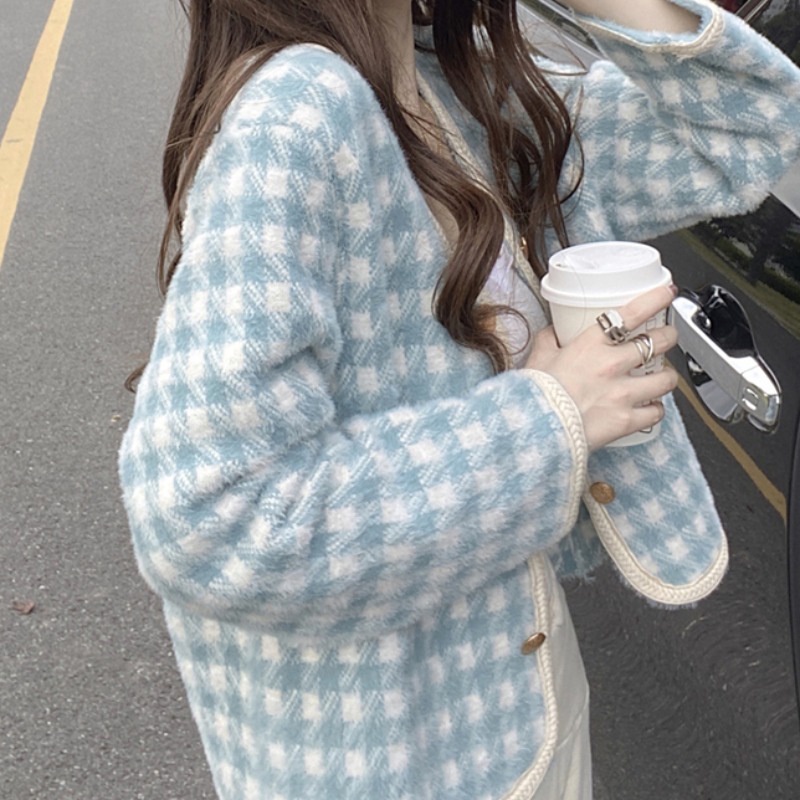 Áo khoác cardigan len nữ lông thỏ mềm mịn tiểu thư phong cách dạ tweed Quảng Châu đen kem Hàn Quốc Kozoda AC72