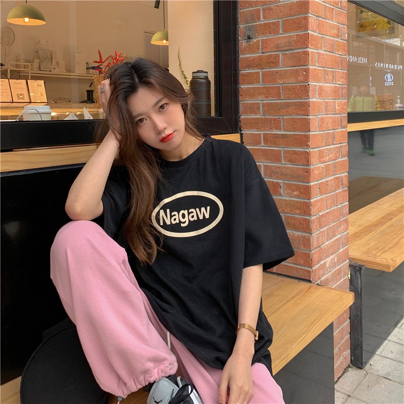 Áo thun nữ tay lửng dáng rộng in họa tiết đơn giản phong cách hàn quốc thời trang mùa hè