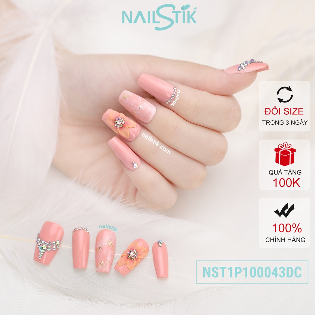 Móng úp thiết kế by NAILSTIK, màu hồng, form móng coffin, dài 043