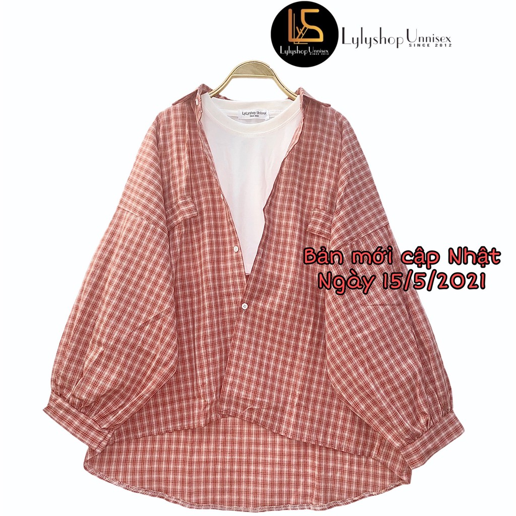 Áo sơ mi nữ LylyshopUnisex - M02, kiểu áo sơ mi oversize form rộng tay phồng kẻ sọc caro cho nữ mặc đi học, đi chơi
