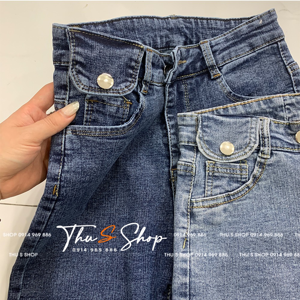 Quần Jean nữ lưng cao túi nắp lệch THUS, Jeans bò trơn co dãn cá tính Q2J03