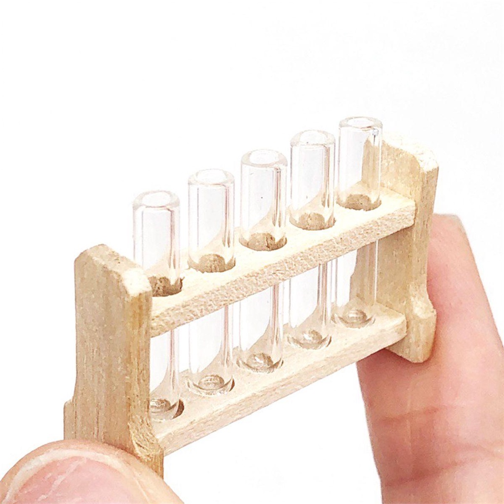 Ống Nghiệm Kiểm Tra Mini Bằng Kính Và Kệ gỗ Trang Trí Nhà Búp Bê