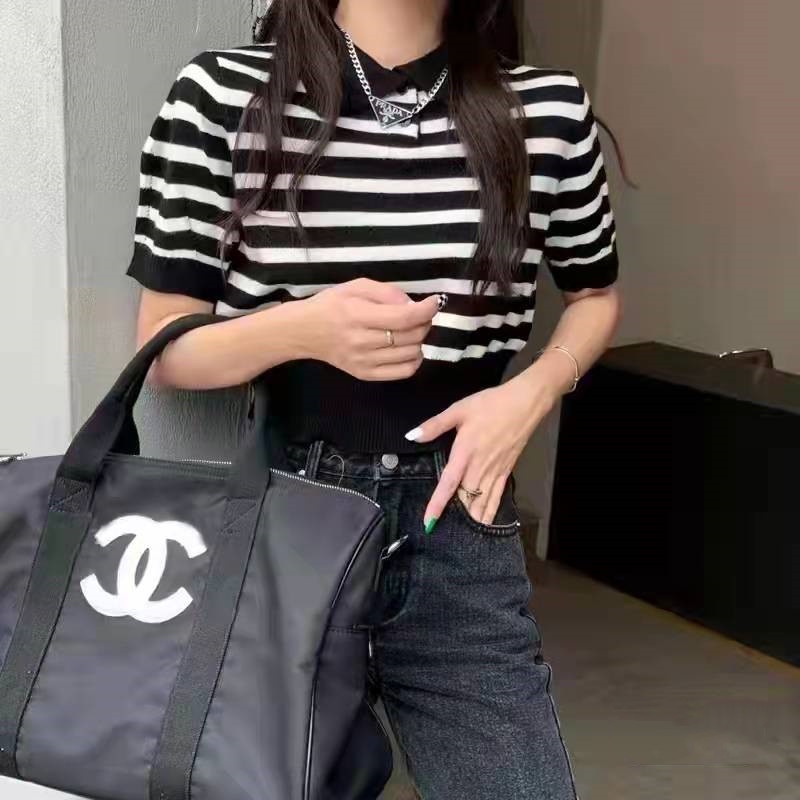 SUXI Áo Dệt Kim Tay Ngắn Kẻ Sọc Dễ Phối Đồ Thời Trang Phong Cách Hàn Quốc