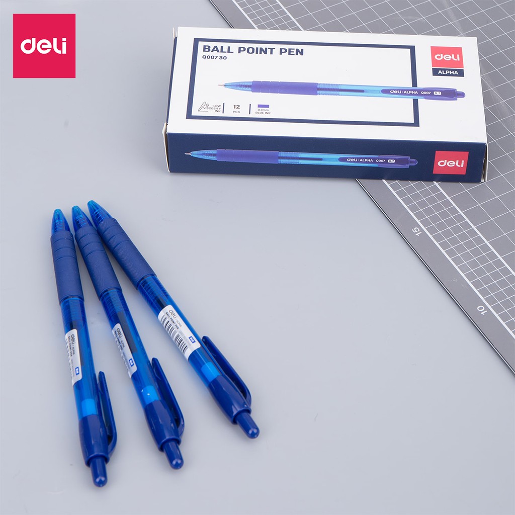 Bút bi dầu đầu bấm ngòi 0.7mm Deli mực xanh đen nét viết đều đệm tay cao su chất lượng cao phù hợp học sinh văn phòng