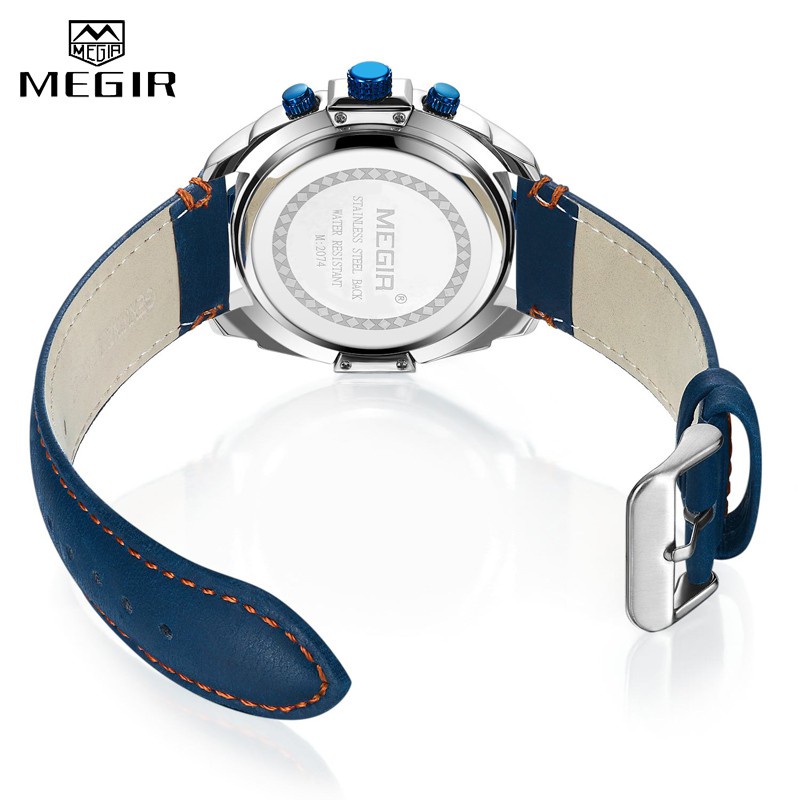 Đồng Hồ Đeo Tay Mặt Tròn Dây Da Xanh Quân Đội MEGIR 2074 Chống Nước Dành Cho Nam
