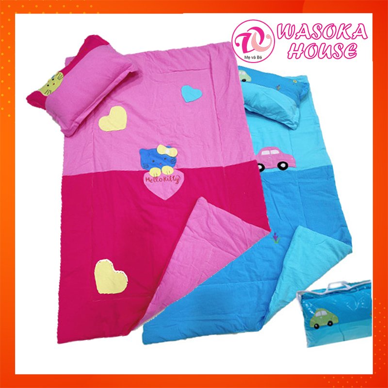 Bộ gối mền trẻ em 1-5 tuổi, [Tặng kèm túi]vải cotton cara mềm mát, thấm hút tốt, hoạ tiết đắp hình dễ thương