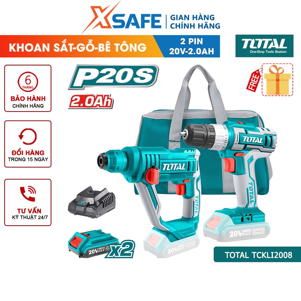 Bộ máy khoan cầm tay TOTAL TCKLI2008 gồm 2 máy khoan pin 20V, kèm 2 pin 2.0Ah 1 sạc, dùng khoan đục gỗ, bê tông - XSAFE