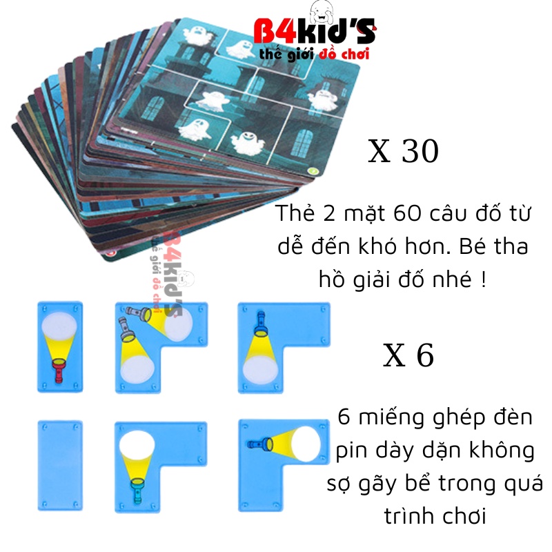 Đồ chơi board game xếp hình đèn pin bắt ma ghost catchers 30 thẻ 60 câu đố thông minh sáng tạo cho bé B4KIDS - B1