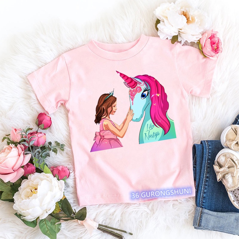 Áo Thun Tay Ngắn In Chữ Like Nastya Dễ Thương Cho Bé Gái 3-13 Tuổi