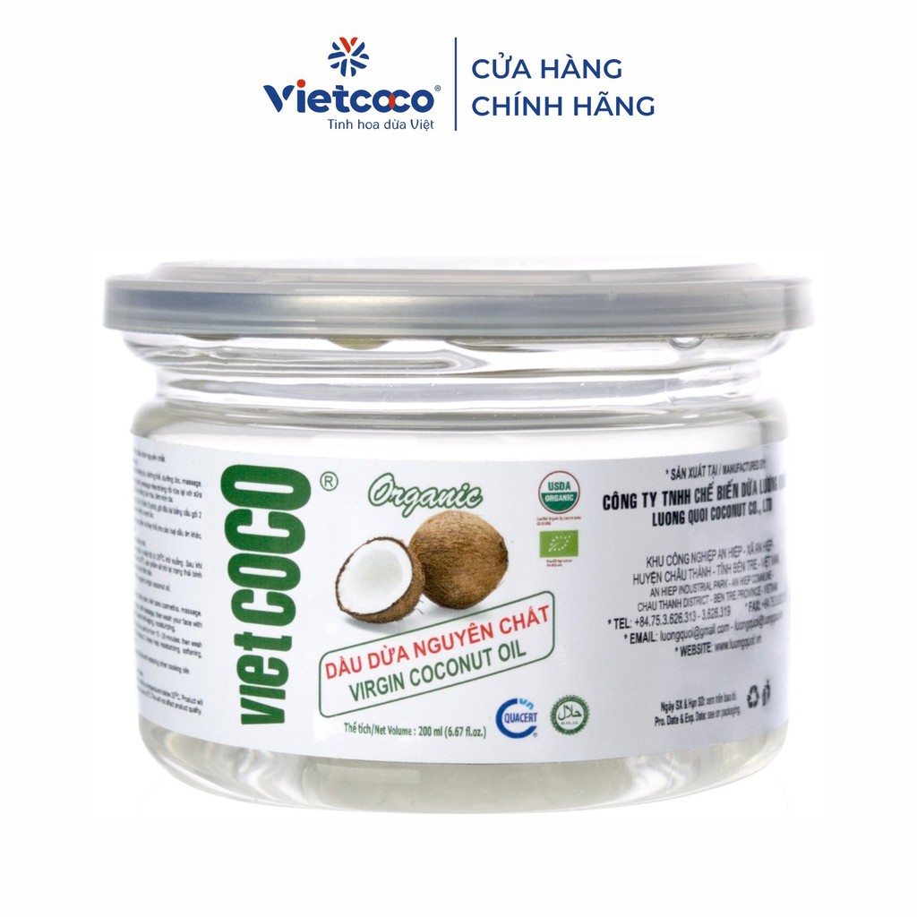 Dầu dừa nguyên chất Organic Vietcoco 200ml hũ nhựa - nắp giật