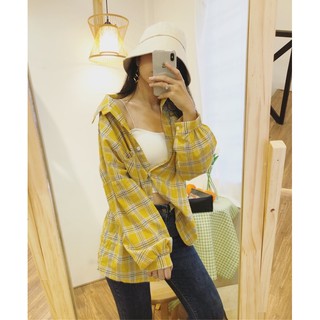 Áo Somi form rộng sọc caro, tay xếp phồng
