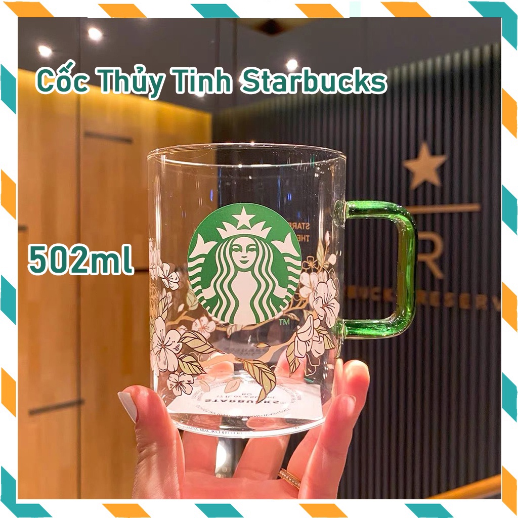cốc thủy tinh Starbucks ly starbucks cốc thủy tinh hoa lê tách 502ml Tay cầm màu xanh lá cây Dung tích lớn