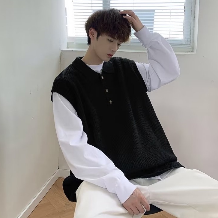 Phong cách hàn quốc áo vest len ​​mùa thu ve áo len dệt kim lỏng màu áo vest bên ngoài