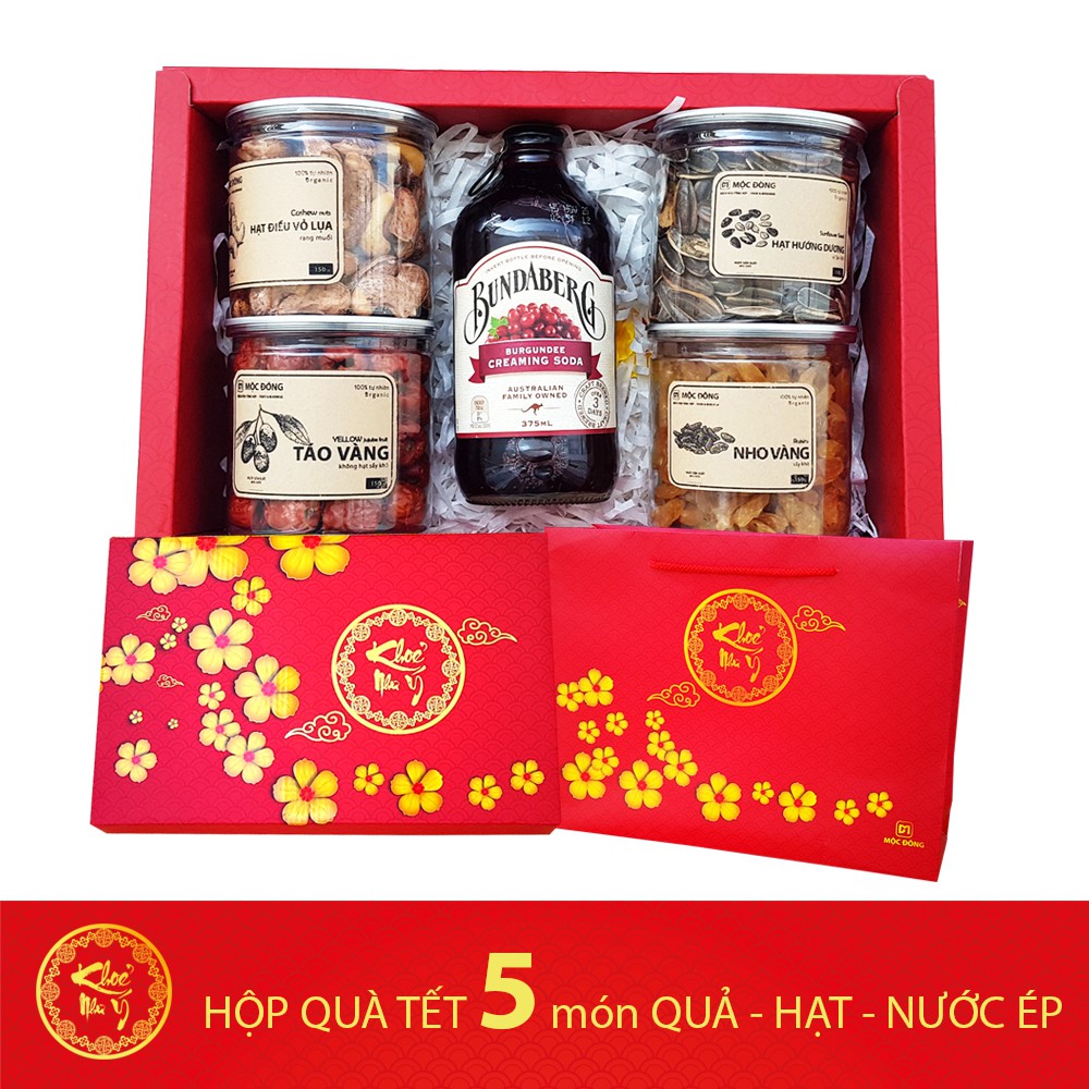 [Hộp quà Tết 2022] Khỏe Như Ý - HỘP QUÀ 5 MÓN QUẢ - HẠT – NƯỚC ÉP kèm túi giấy