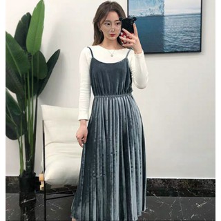 đầm nhung hai dây dập Ly