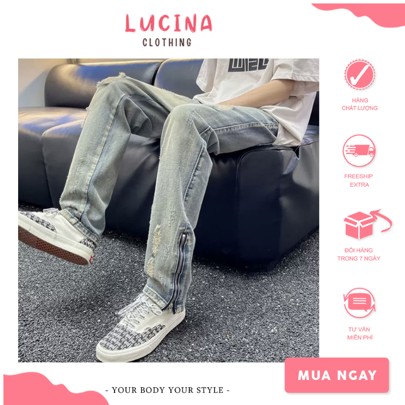 Quần Jeans nam nữ rách gối màu xanh bạc, Quần bò xẻ tà phối khoá zip phong cách đường phố Mỹ cá tính