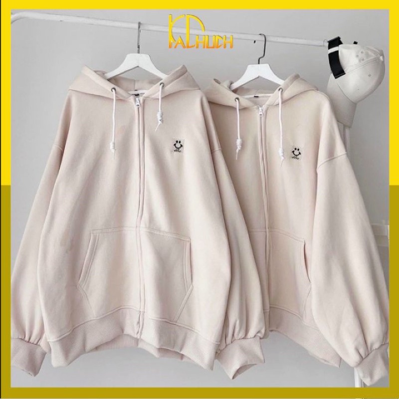 Áo Khoác Zip Kéo Nỉ Form Rộng Icon Thêu SMILE 2 màu nam và nữ mặc