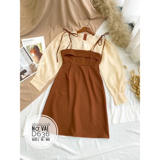 Bigsize Đầm nâu phối nơ vai D636