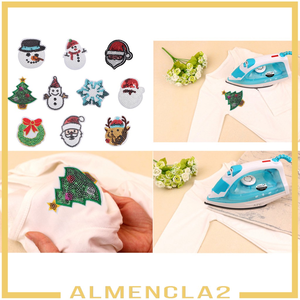 Set 10 / 12 Sticker Ủi Thêu Thiết kế Hình Người Tuyết Và Ông Già Noel Phong Cách Giáng Sinh Dễ Thương