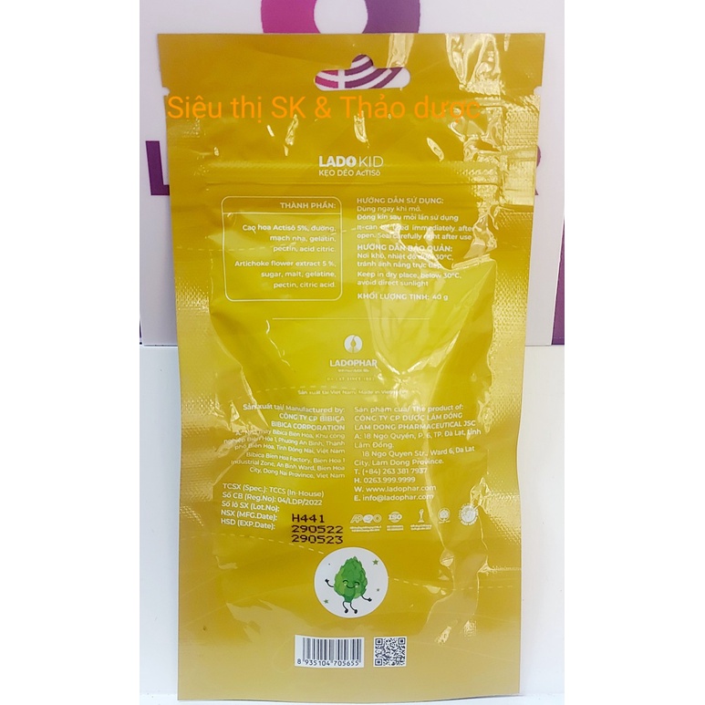 [CAO CẤP] Kẹo dẻo Atiso-Ladophar 100% thiên nhiên -Túi zip 40 gam.