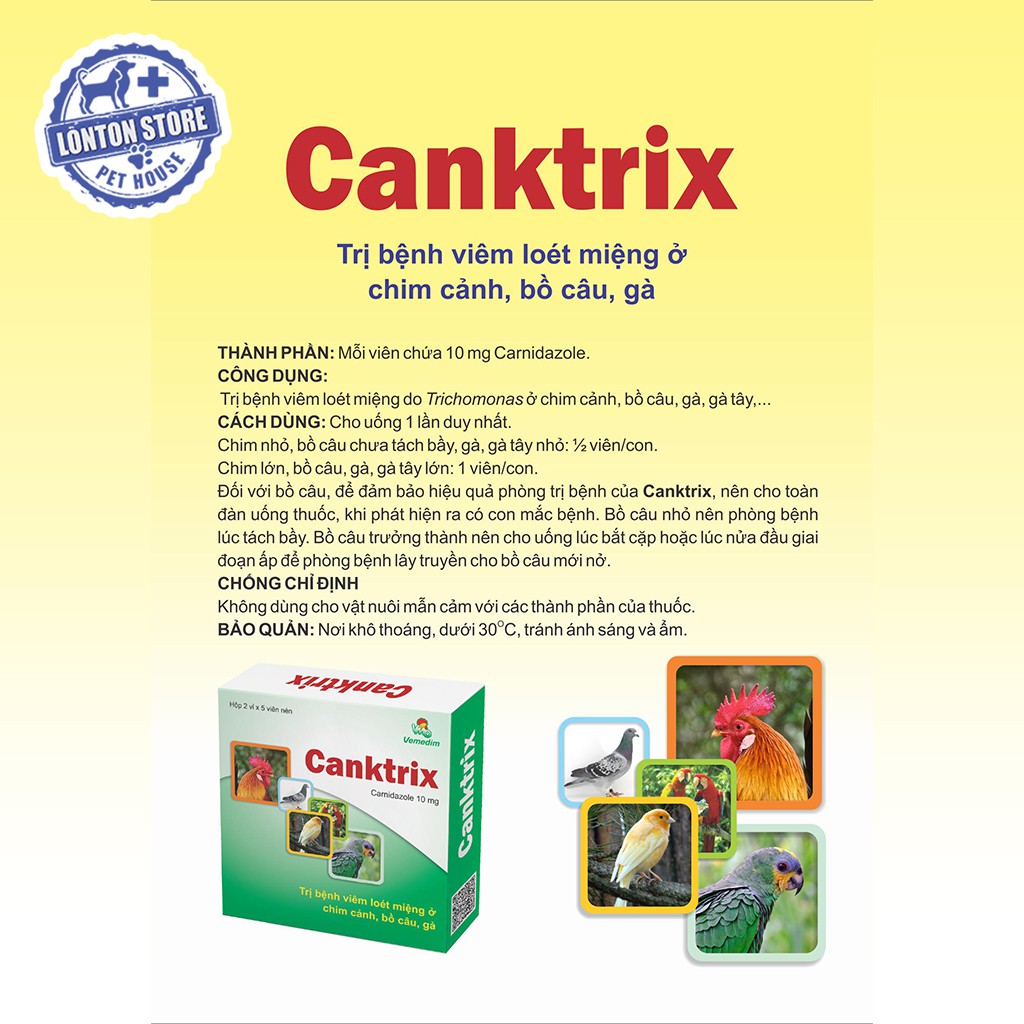 VEMEDIM Canktrix Giúp Gà Đá, Chim Cảnh, Bồ Câu Hết Đẹn Miệng, Viêm Loét Miệng (Hộp 10 Viên) - Lonton Store