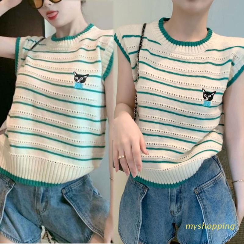 Áo Sweater Dệt Kim Sát Nách Dáng Rộng In Kẻ Sọc Màu Tương Phản Hình Chú Chó Dễ Thương Thời Trang Mùa Hè Cho Nữ