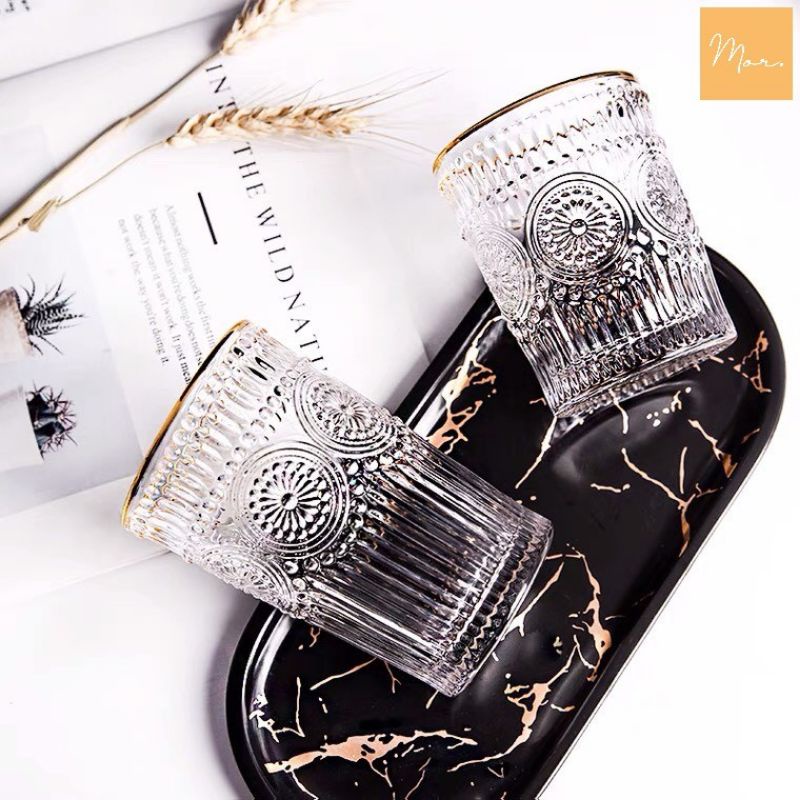 Set 6 cốc thủy tinh chịu nhiệt viền vàng cao cấp khắc hoa nổi