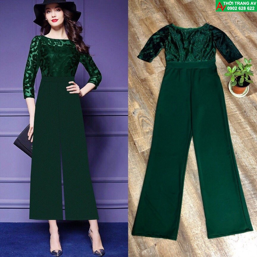 Jumpsuit - Đồ bay dài ống suông rộng tay dài phối ren 3D cực hot - AV6213