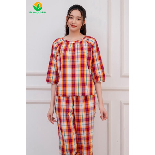 Bộ cotton kẻ quần dài áo tay lỡ nữ  B49.2102 - Thời trang gia đình VT