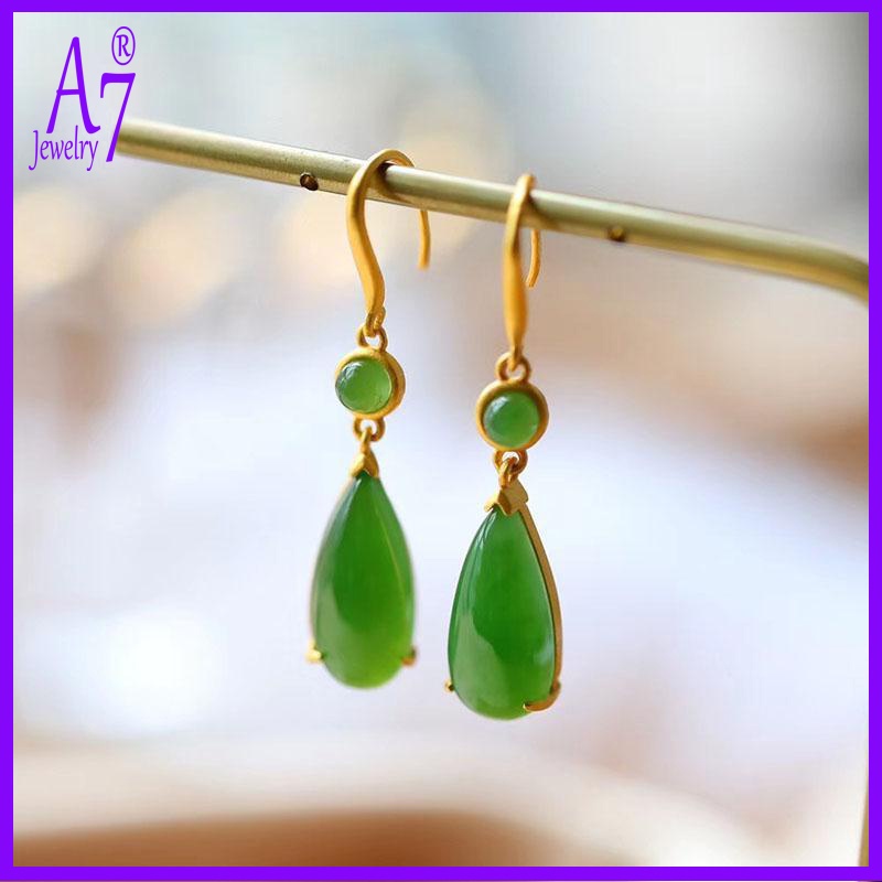 Bông Tai Bạc A7 S925 Đính Đá Ngọc Bích Trắng Cổ Điển