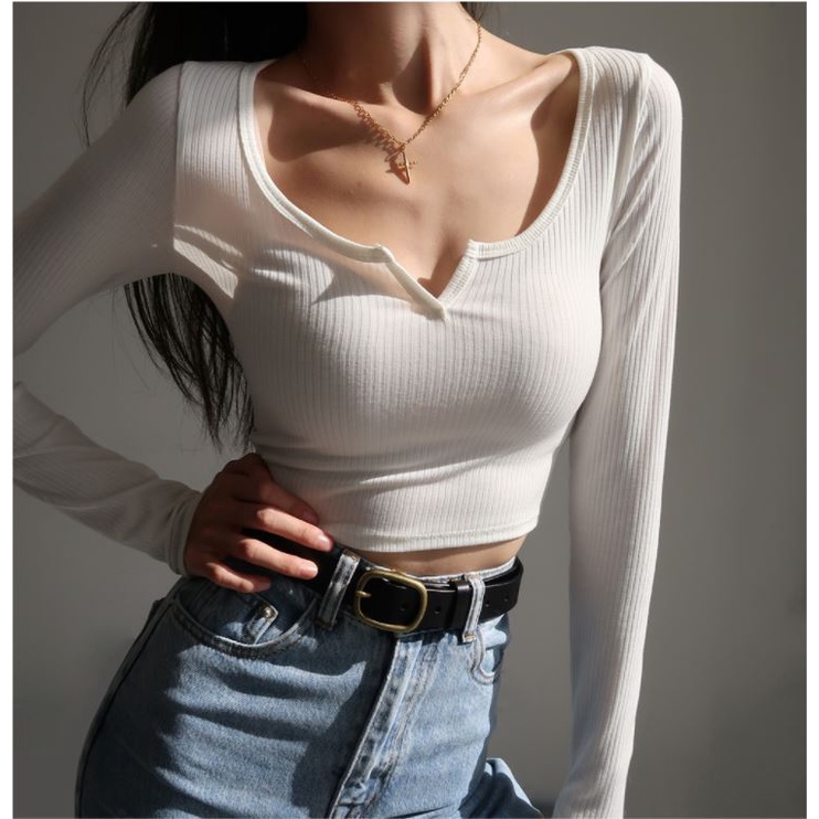 [HCM] Áo Croptop Dệt Kim Tay Dài Cổ Xẻ Chữ V Ôm Body Kiểu Cách Hàn Quốc