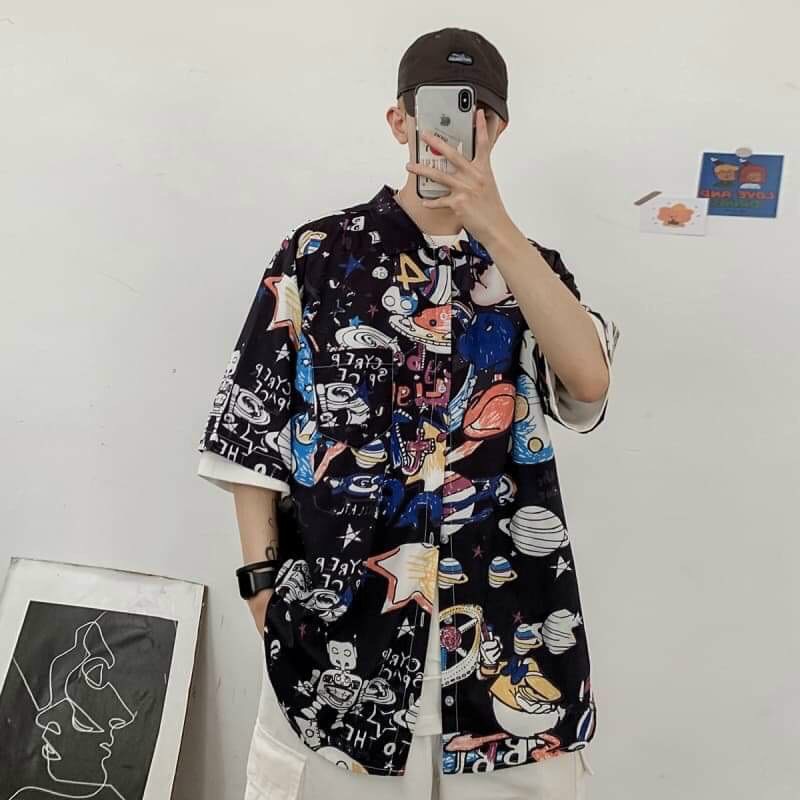 Áo sơ mi nam cộc tay họa tiết vũ trự nổi bật chất vải lụa mát tay mềm mịn kèm ảnh thật | BigBuy360 - bigbuy360.vn