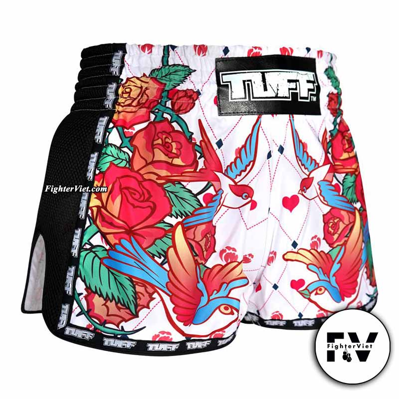 Quần TUFF Muay Thai Boxing Shorts White Retro Style - Hoa Hồng Trắng