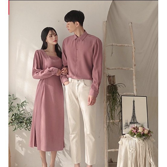 Đồ đôi nam nữ 🎀FREESHIP🎀  Set áo váy sơ mi Hàn Quốc dáng dài cổ vuông buộc eo màu hồng VSM COUPLE AV73 (có ảnh thật)