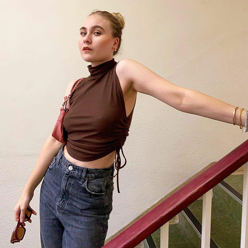 DUNEA COD Women's New Solid Color Round Neck Drawstring Short Vest