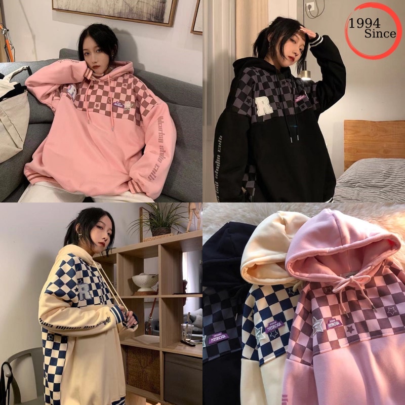 Áo Hoodie unisex , Áo nỉ bông nam nữ có mũ 2 lớp phối caro phom rộng phong cách hàn quốc ulzzang mặc đôi nhóm siêu đẹp | BigBuy360 - bigbuy360.vn