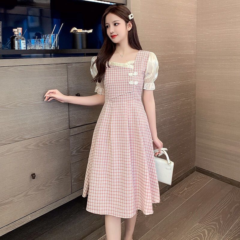 Đầm Nữ Ngắn Tay Cổ Vuông Họa Tiết Caro Thời Trang | BigBuy360 - bigbuy360.vn