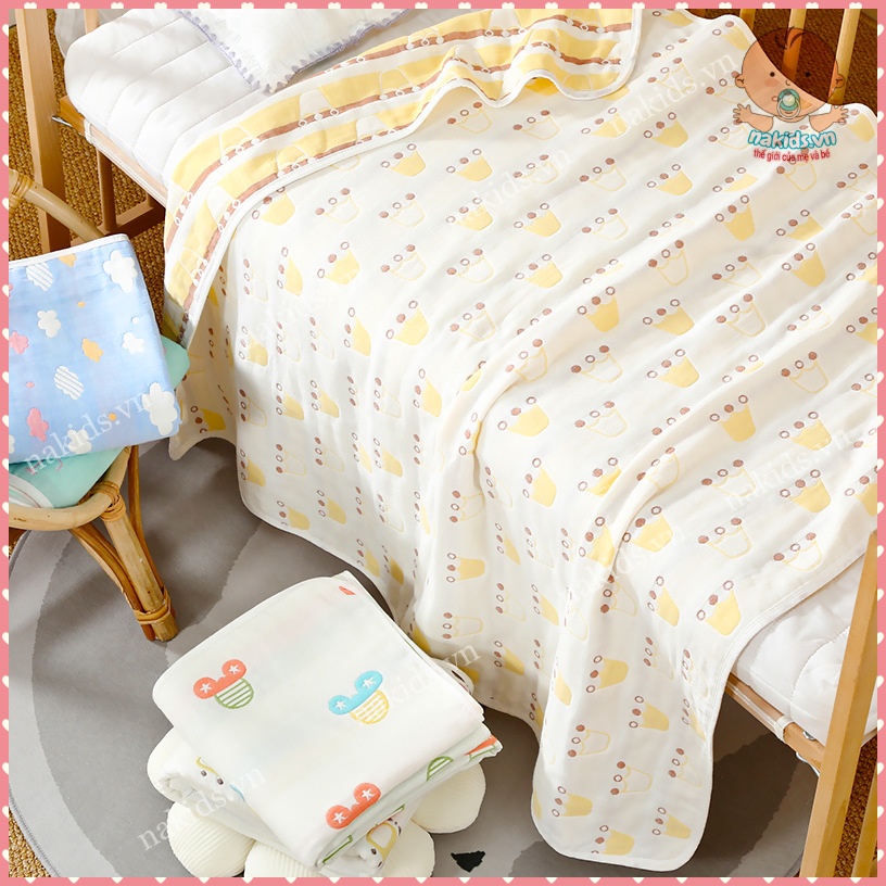 Chăn Cho Bé, Chăn Muslin 100% Cotton 6 Lớp Họa Tiết 2 Mặt Dày Dặn Và Mềm Mại Hàng Cao Cấp Loại 1
