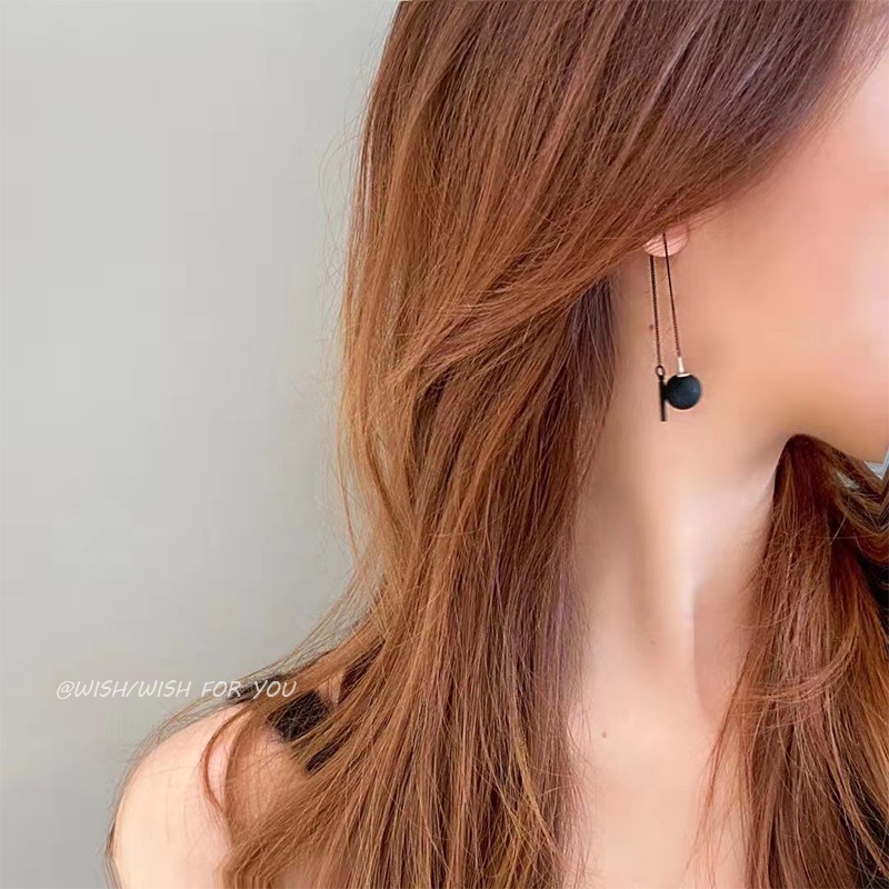 Bông Tai Dây Xích Gắn Bóng Tròn Màu Đen Phong Cách Hàn Quốc Ngọt Ngào Cho Nữ