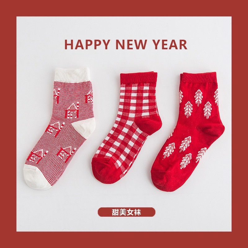 [Mã FASTGRET4 giảm 10% đơn 99K] Set 3 đôi vớ tất đỏ may mắn Happy New Year cực đẹp TN107