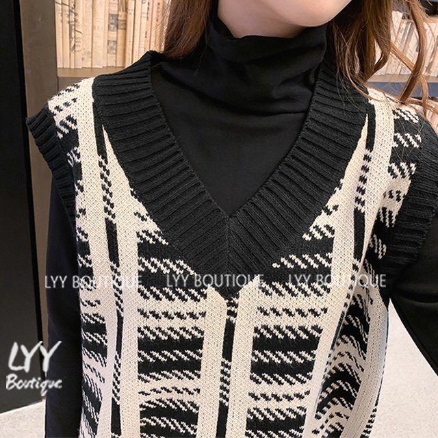 Áo gile len kẻ ô vuông cổ V dáng rộng mix đồ siêu xinh hàng Quảng Châu LYY BOUTIQUE | BigBuy360 - bigbuy360.vn