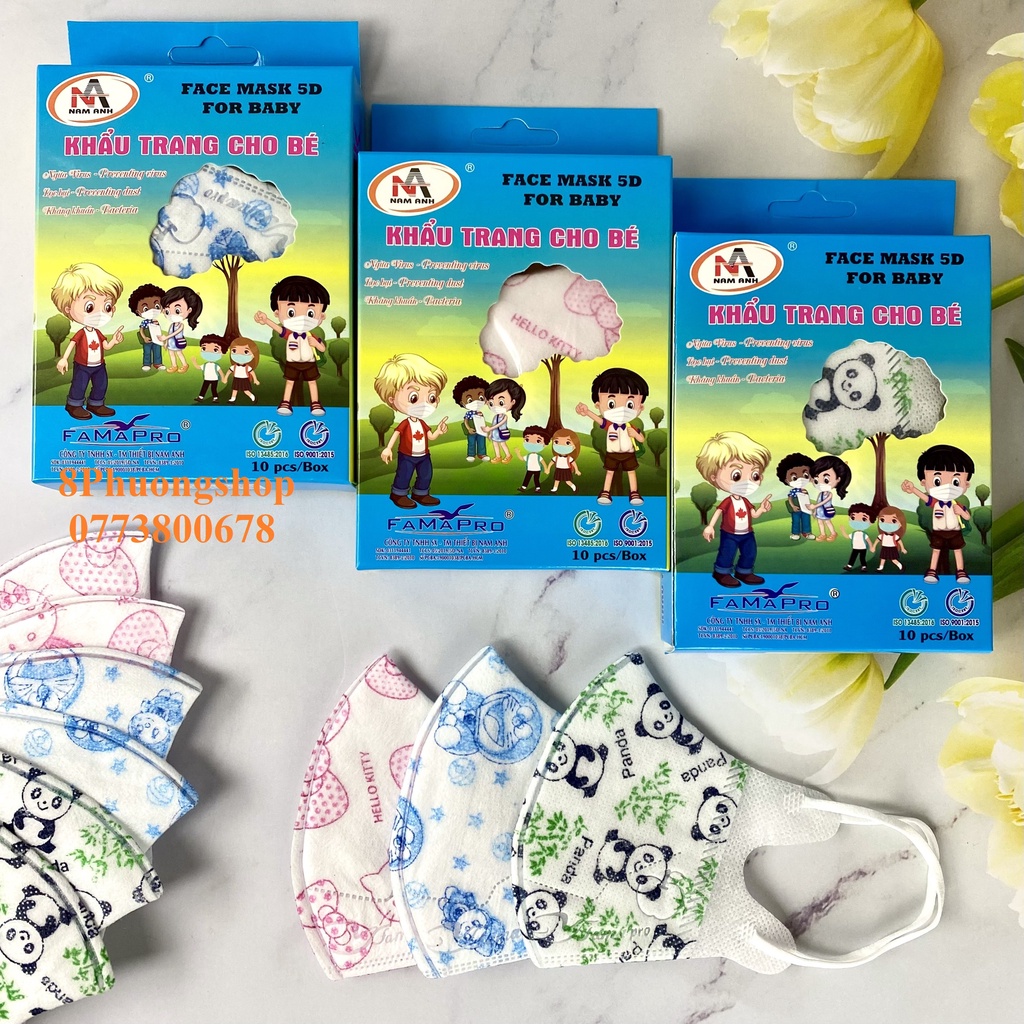 Khẩu Trang cho bé 5D KIDS FAMAPRO kháng khuẩn IN HOẠ TIẾT Đoremon / Kitty / Gấu Trúc / Kì Lân / Vịt Donald 10 cái/ hộp