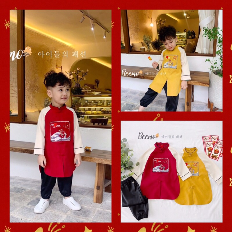 Set áo dài cách tân cá chép vượt vũ môn cho bé trai chất nhung chéo chuẩn hãng Beemo