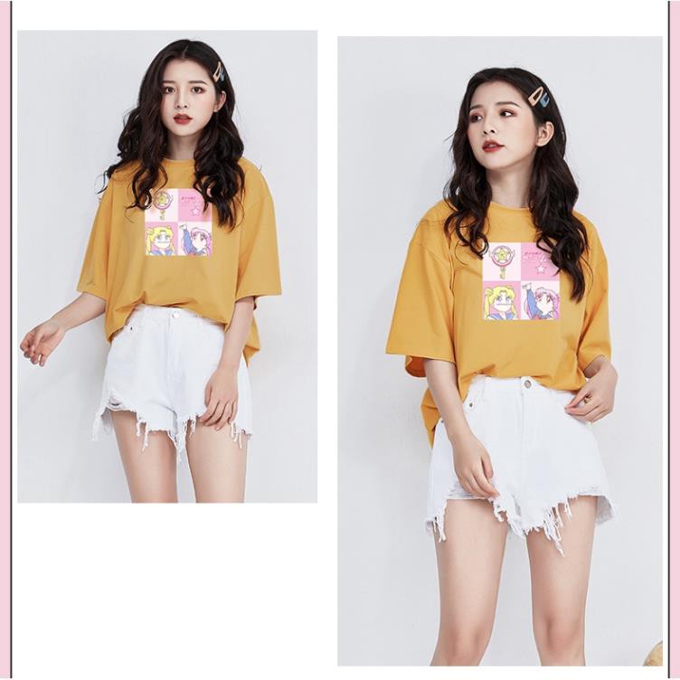 Áo thun T-shirt cotton cổ tròn tay ngắn in hình thủy thủ mặt trăng thời trang Hàn Quốc mùa hè  ྇