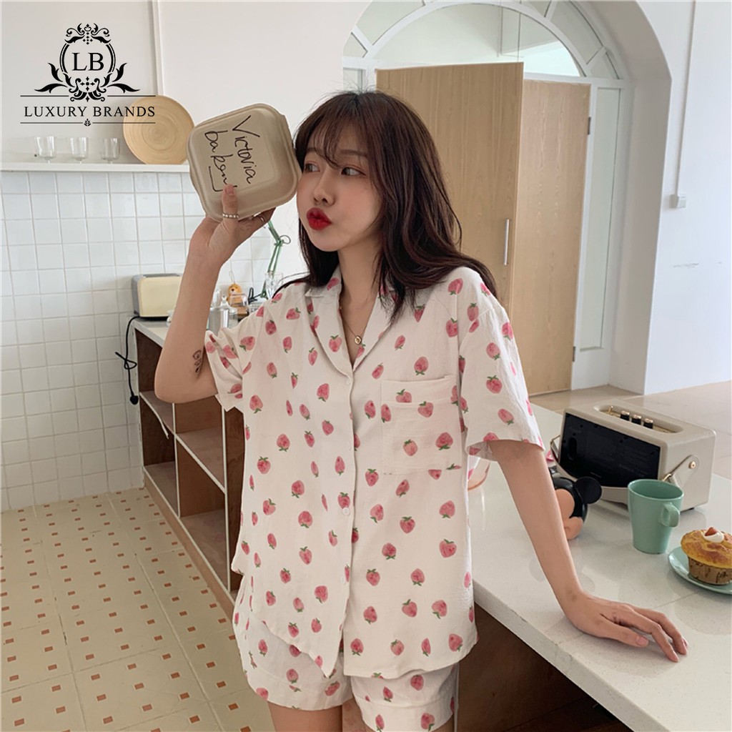 [SẴN] Bộ set ngủ pijama ngắn tay chất đẹp hình dâu tây