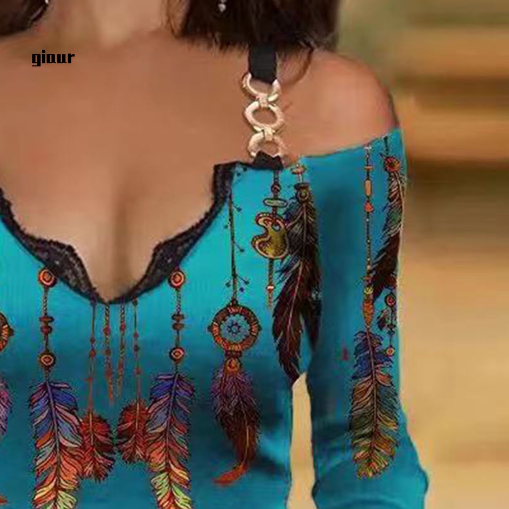 Áo thun cổ chữ V phối dây xích phong cách retro thoải mái cho nữ